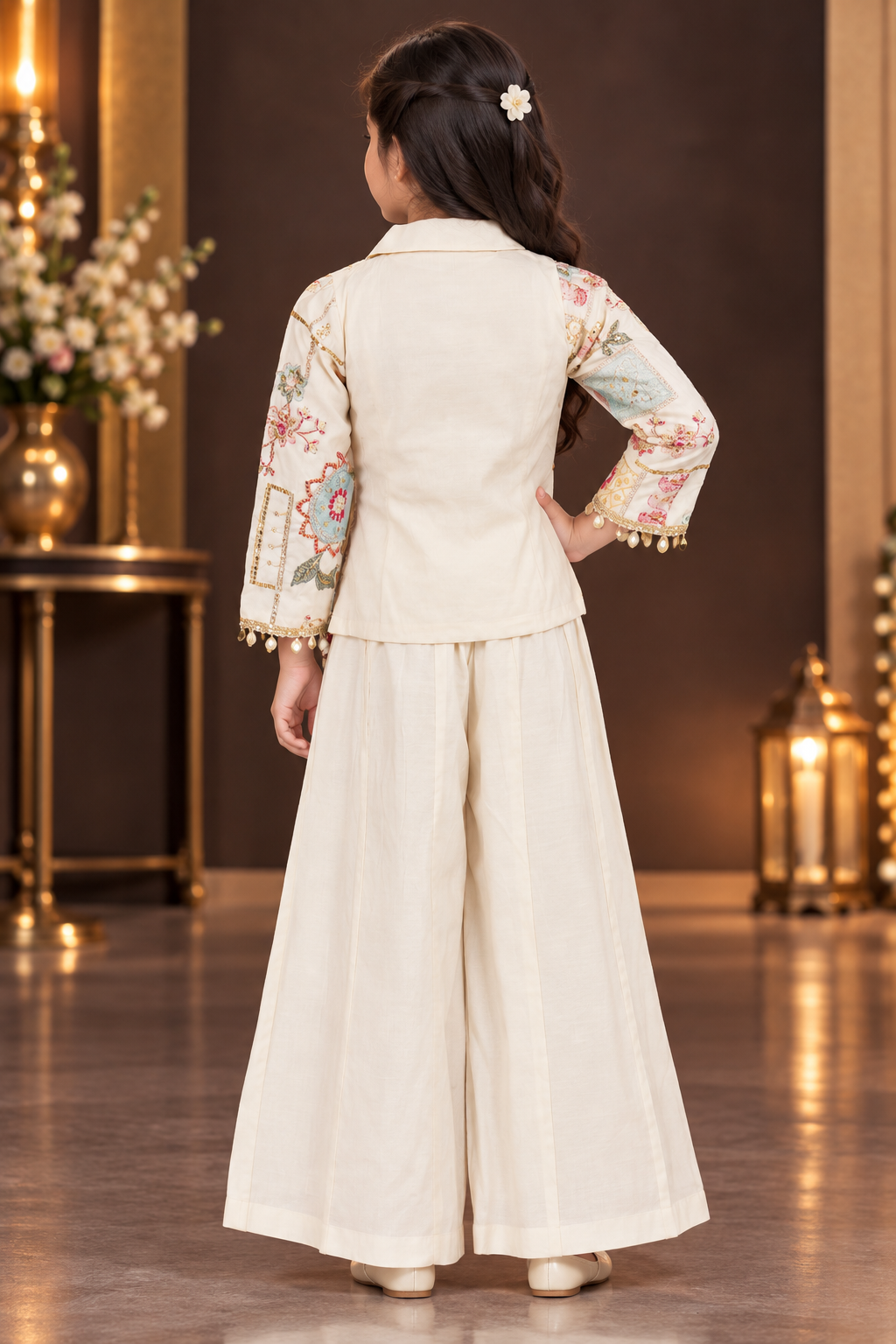 9853EM Girls’ Cream Floral Printed Jacket with Wide-Leg Palazzo Set and Decorative Golden Detailing 9853EM-414-CRM - Image 3