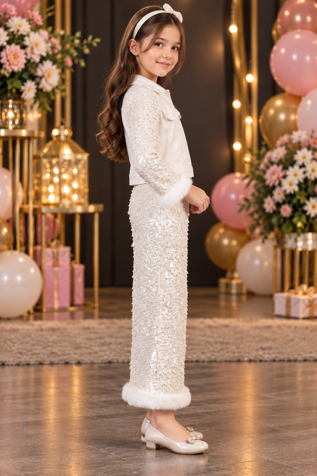 2610EM Girls’ Ivory White Sequin Embellished Skirt and Cropped Jacket Party Wear Set 2610EM-179-WHT - Image 2