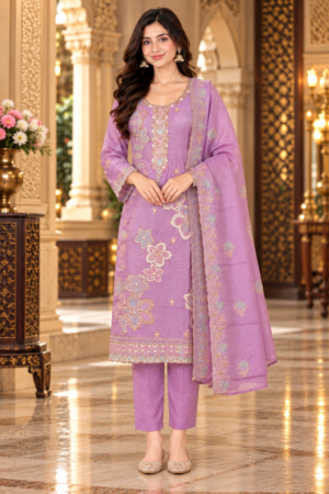 10478EM E-Commerce Product Description – Women's Lavender Purple Floral Embroidered Straight Kurta Pant Set with Dupatta 10478EM-458-LAV