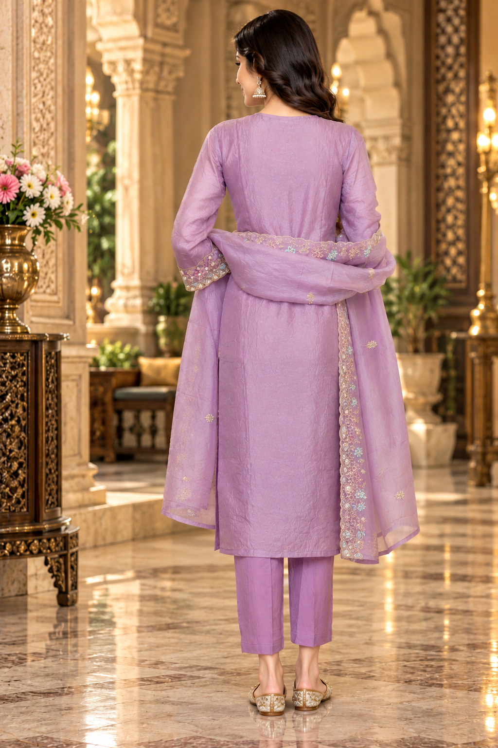 10478EM E-Commerce Product Description – Women's Lavender Purple Floral Embroidered Straight Kurta Pant Set with Dupatta 10478EM-458-LAV - Image 2