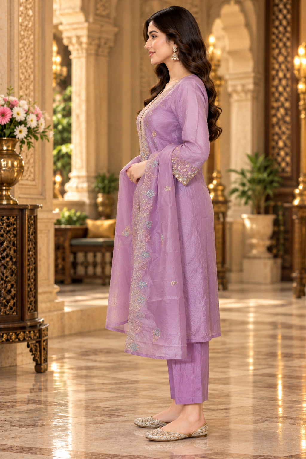 10478EM E-Commerce Product Description – Women's Lavender Purple Floral Embroidered Straight Kurta Pant Set with Dupatta 10478EM-458-LAV - Image 3
