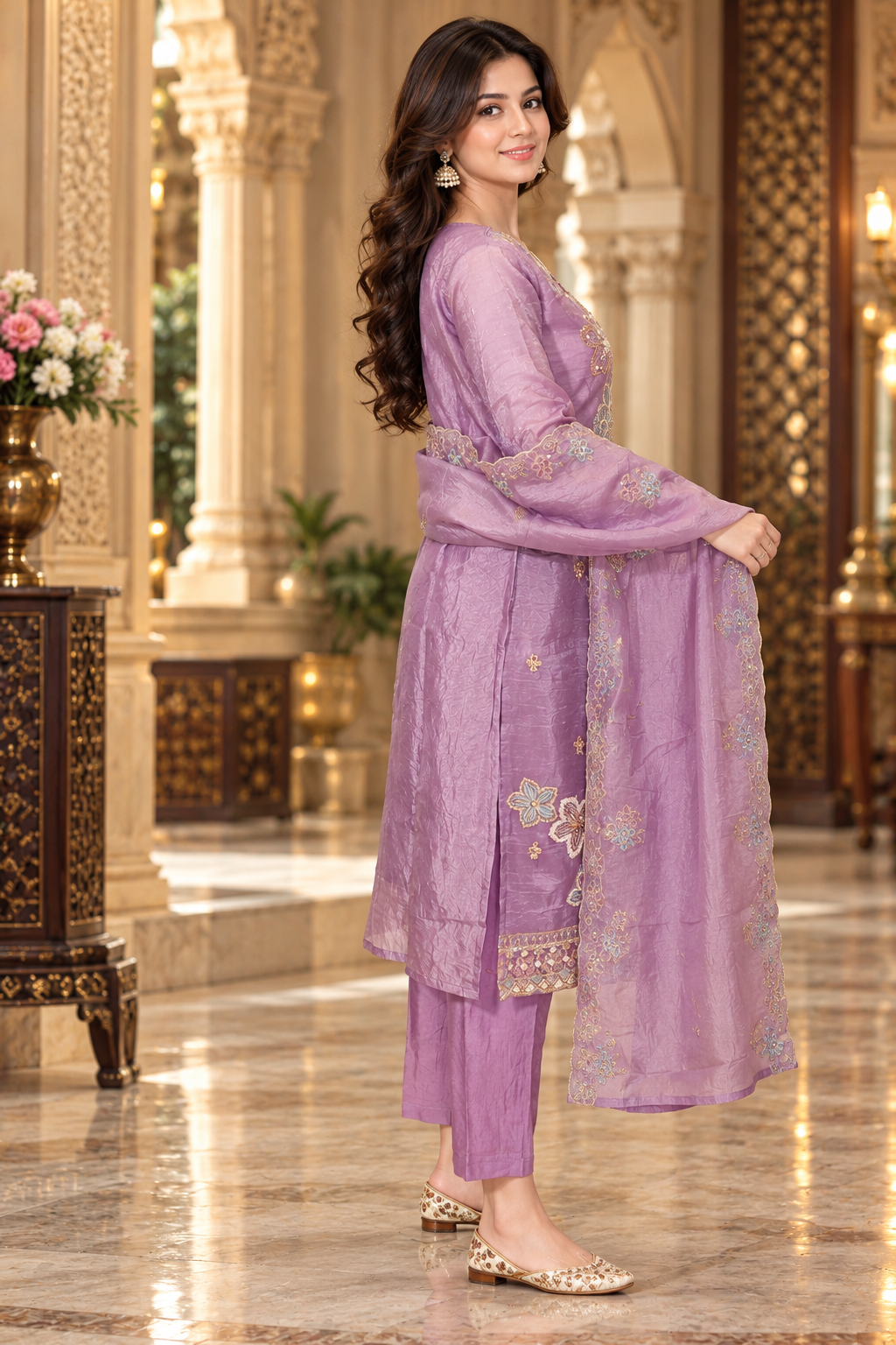 10478EM E-Commerce Product Description – Women's Lavender Purple Floral Embroidered Straight Kurta Pant Set with Dupatta 10478EM-458-LAV - Image 4