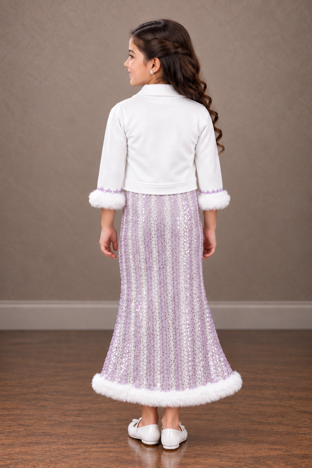2614EM Girls’ Brown Leather-Look Jacket with Printed Long Skirt Party Wear Set 2614EM-179-LAV - Image 3