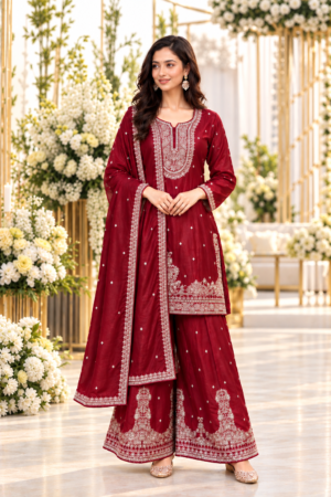 10675EM Women’s Deep Maroon Imported Fabric Golden Embroidered Palazzo Suit Set with Matching Dupatta for Wedding and Festive Wear 10675EM-458-WNE