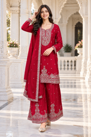10675EM Women’s Royal Red Imported Fabric Golden Embroidered Palazzo Suit Set with Matching Dupatta for Wedding and Festive Wear 10675EM-458-RANI