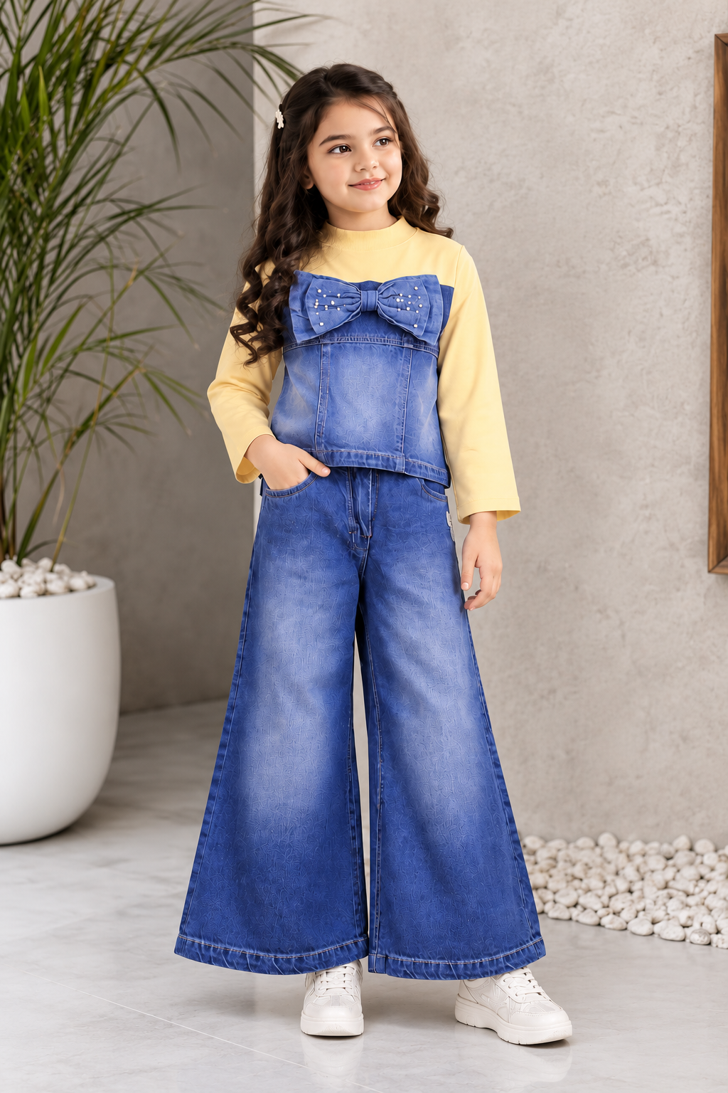 3513EM Girls’ Blue Denim Wide Leg Pant with Bow-Detail Top Set 3513EM-374-L BLU