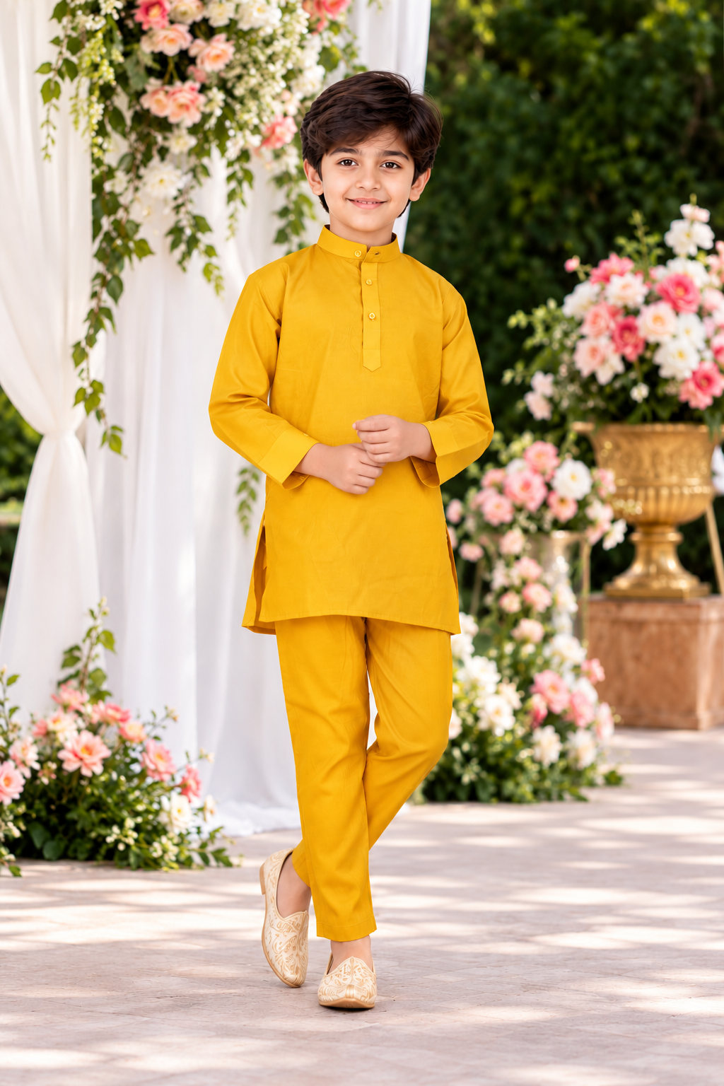 1008 Boys’ Premium Mustard Yellow Embroidered Kurta Koti Set with Designer Nehru Jacket & Matching Pajama 1008-425-LMN - Image 2