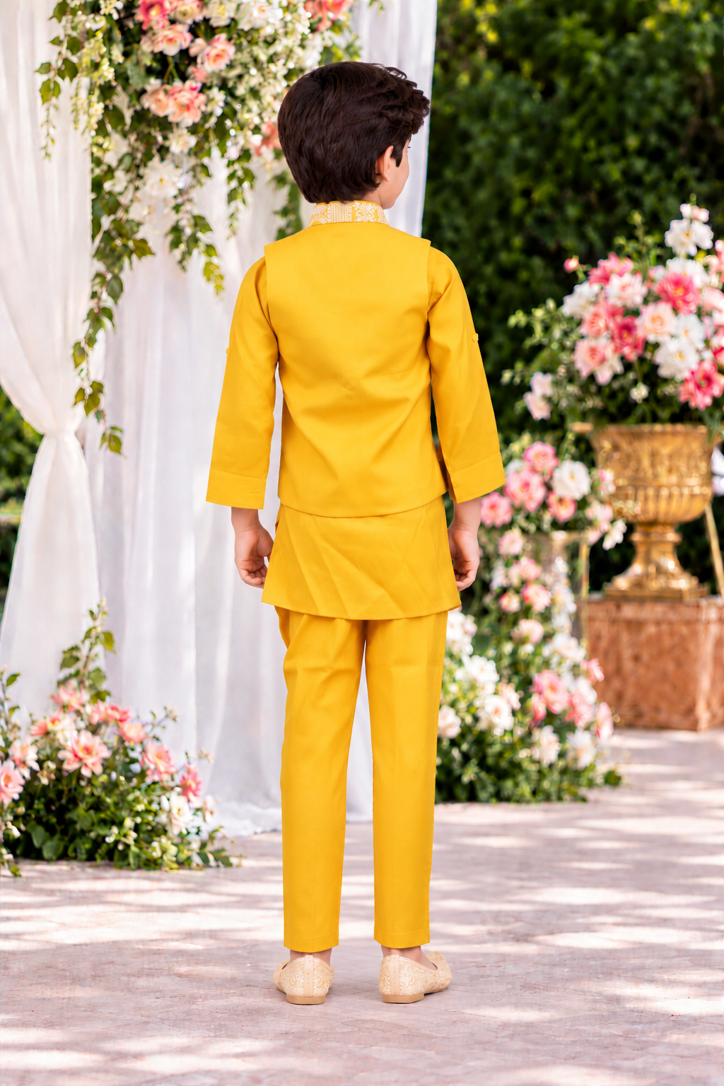 1008 Boys’ Premium Mustard Yellow Embroidered Kurta Koti Set with Designer Nehru Jacket & Matching Pajama 1008-425-LMN - Image 4