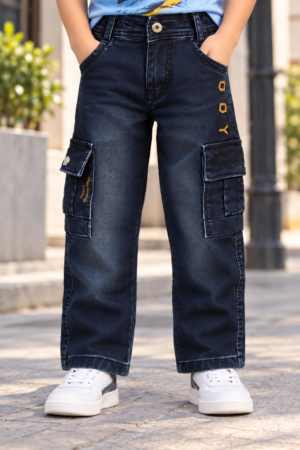 058PL Boys’ Premium Dark Navy Blue Balloon Fit Cargo Denim Jeans | Stylish Washed Multi-Pocket Casual Pants 058PL-277-BLU