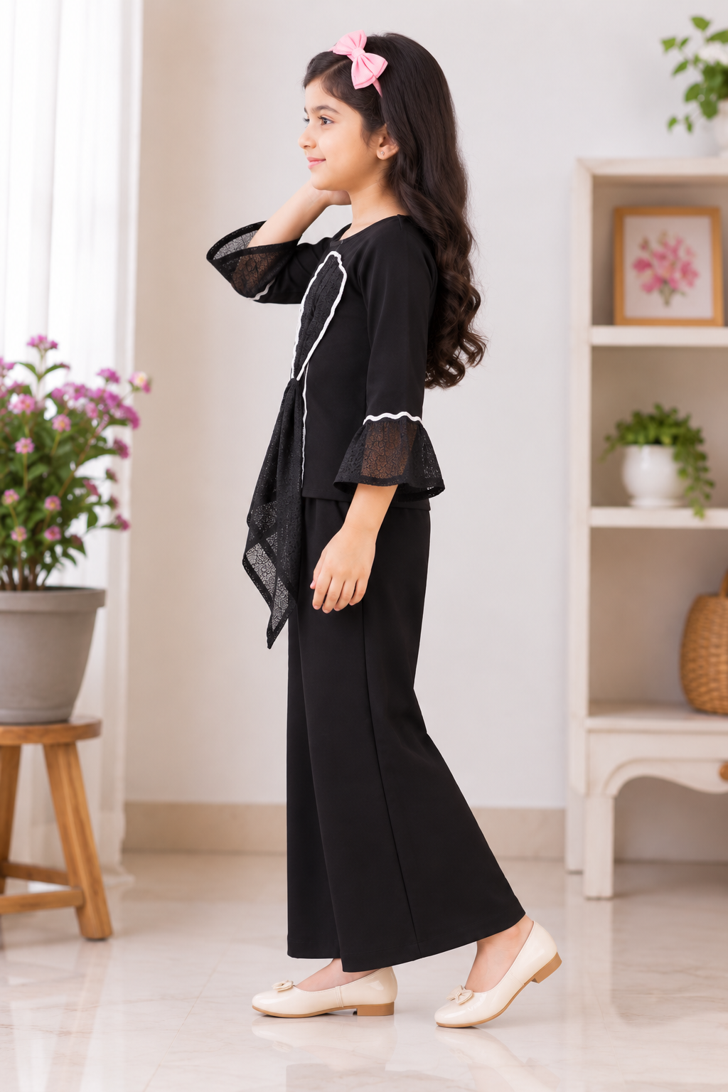 5291EM Girls’ Black Palazzo Set with Lace Bell Sleeves and Asymmetrical Ruffle Detail 5291EM-450-BLK - Image 3