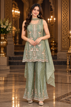 10357EM Women's Elegant Sage Green Embroidered Straight Kurta with Flared Sharara Pants & Dupatta | Premium Designer Ethnic Suit Set for Wedding, Festive & Party Wear 10357EM-458-GRN