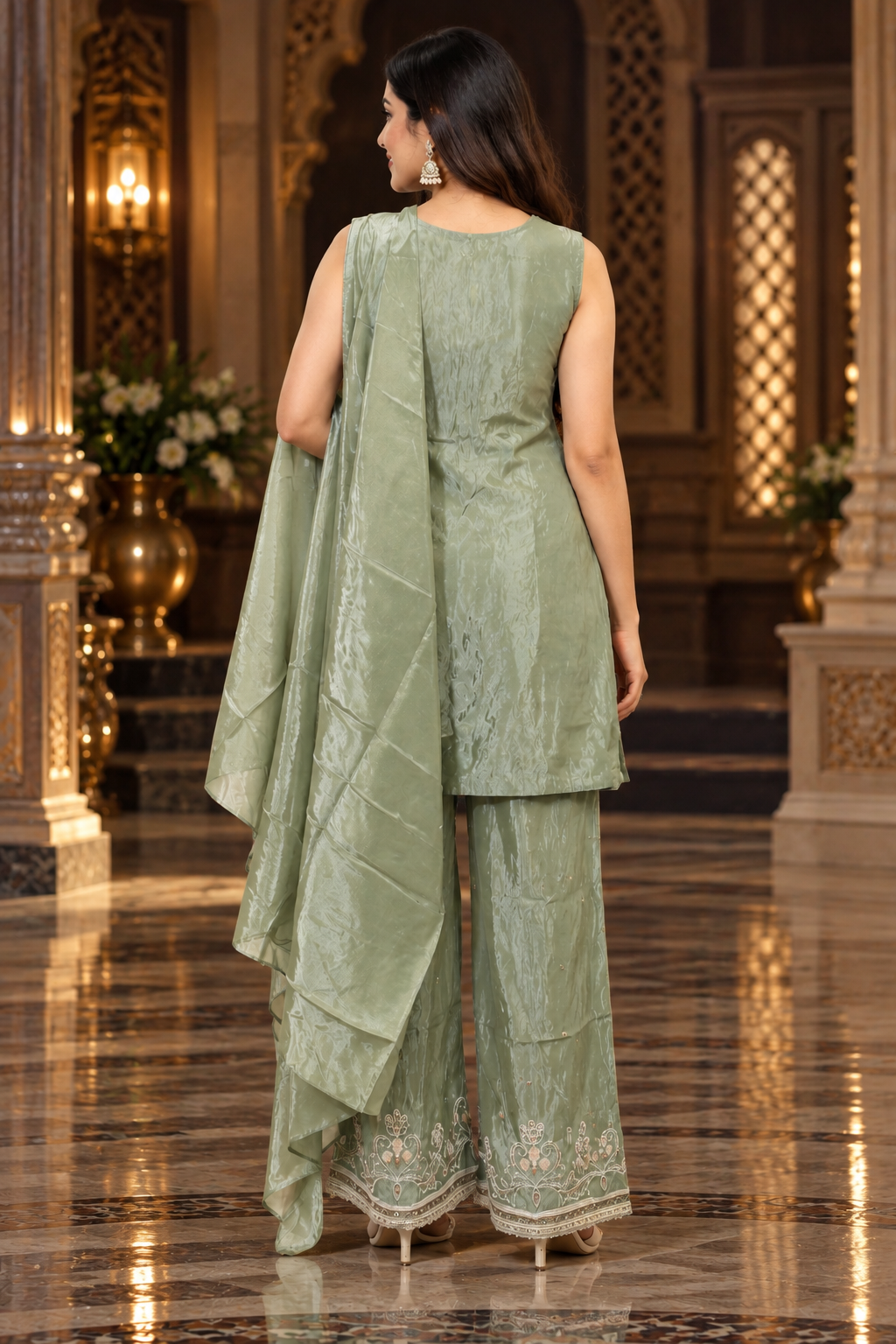 10357EM Women's Elegant Sage Green Embroidered Straight Kurta with Flared Sharara Pants & Dupatta | Premium Designer Ethnic Suit Set for Wedding, Festive & Party Wear 10357EM-458-GRN - Image 4