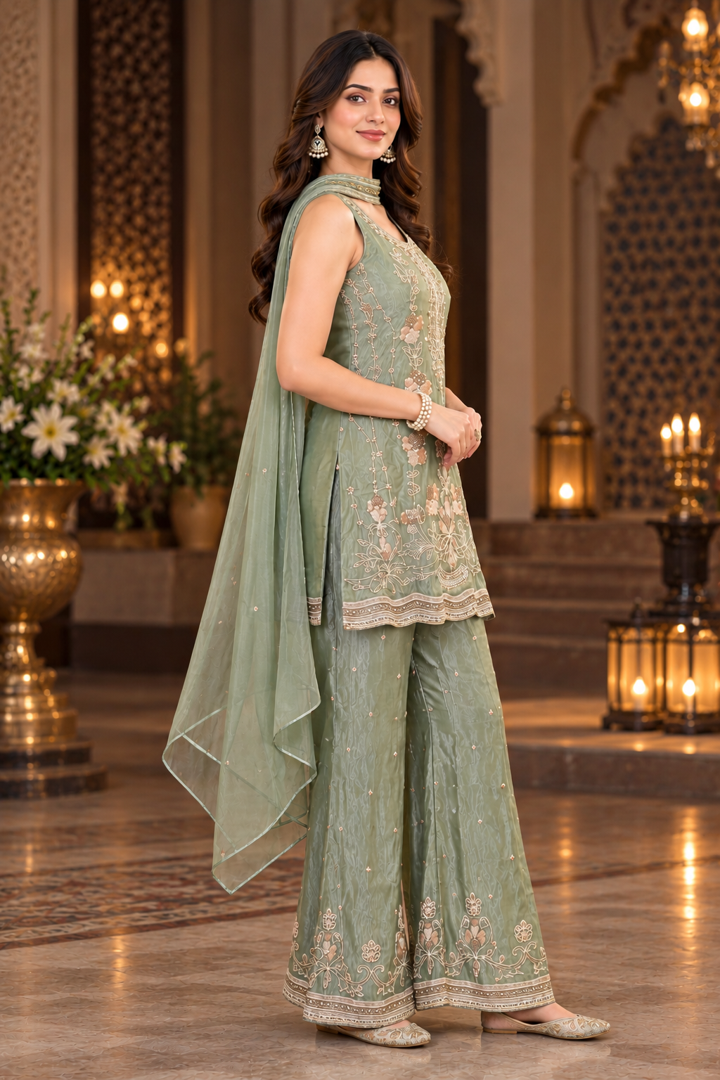 10357EM Women's Elegant Sage Green Embroidered Straight Kurta with Flared Sharara Pants & Dupatta | Premium Designer Ethnic Suit Set for Wedding, Festive & Party Wear 10357EM-458-GRN - Image 2