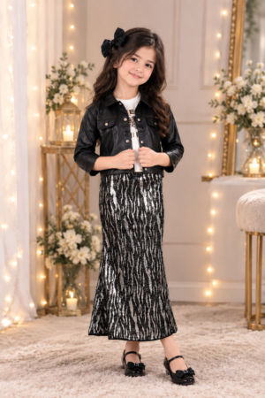 2476EM Girls’ Black and Silver Sequin Skirt with Stylish Jacket – Party Wear Outfit 2476EM-179-BKL