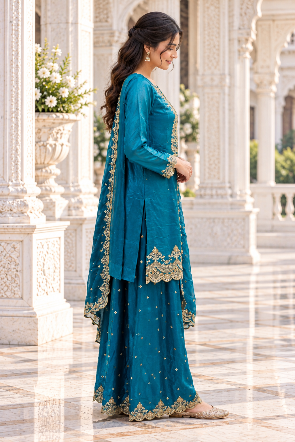 9699EM Women’s Teal Blue Fandy Crush Embroidery Work Palazzo Suit Set 9699EM-458-FRZ - Image 2
