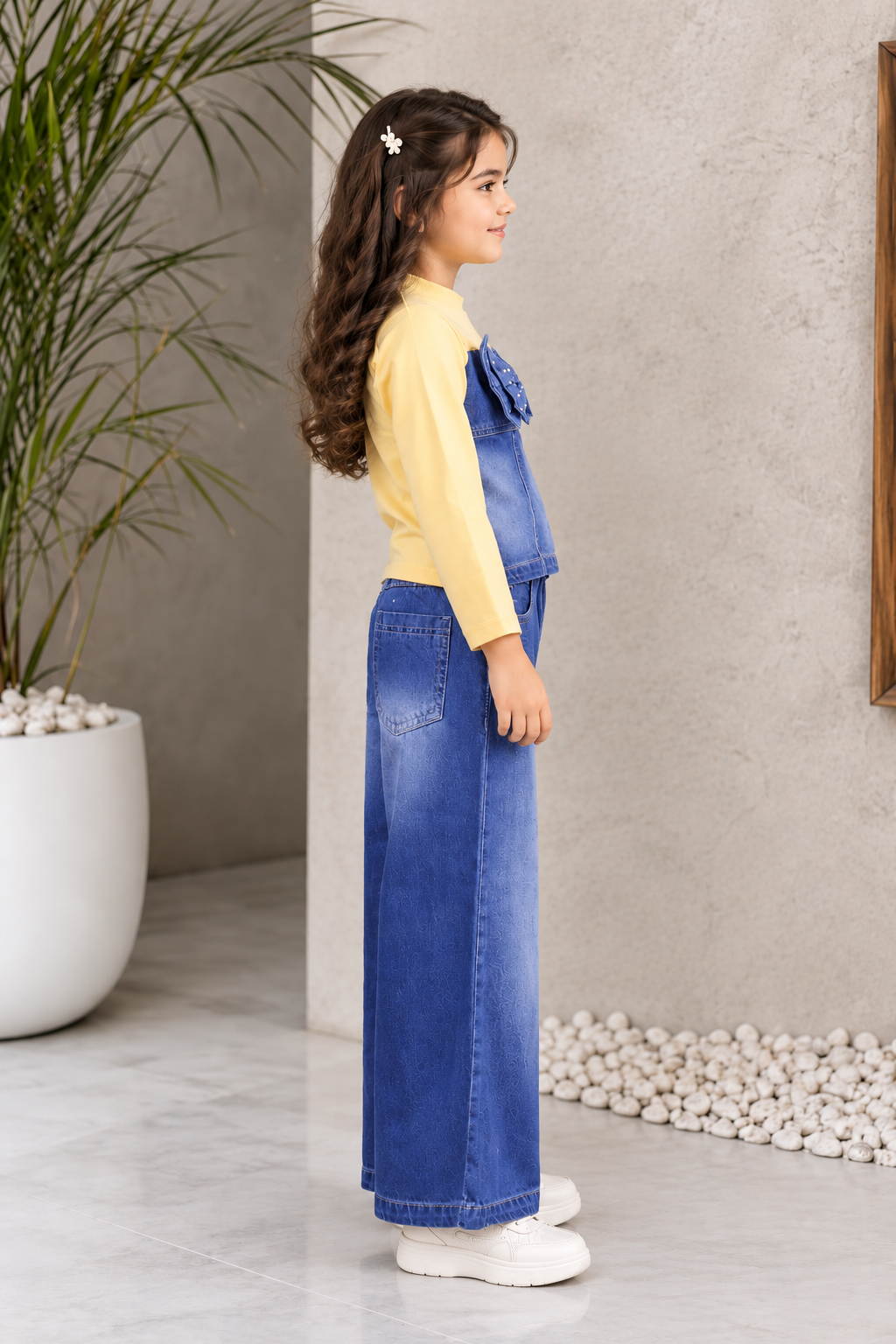 3513EM Girls’ Blue Denim Wide Leg Pant with Bow-Detail Top Set 3513EM-374-L BLU - Image 2