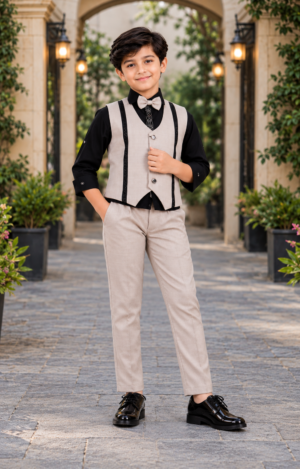27371EM Boys’ Premium Beige & Black Designer Club Suit with Buttoned Waistcoat, Contrast Trim Detailing & Matching Formal Trousers 27371EM-30-BWN