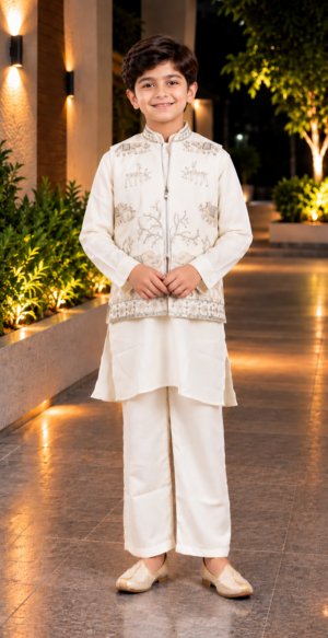 1860EM Boys’ Premium Ivory Embroidered Kurta Koti Set with Elephant Motif Designer Nehru Jacket – Imported Fabric 1860EM-468-CRM