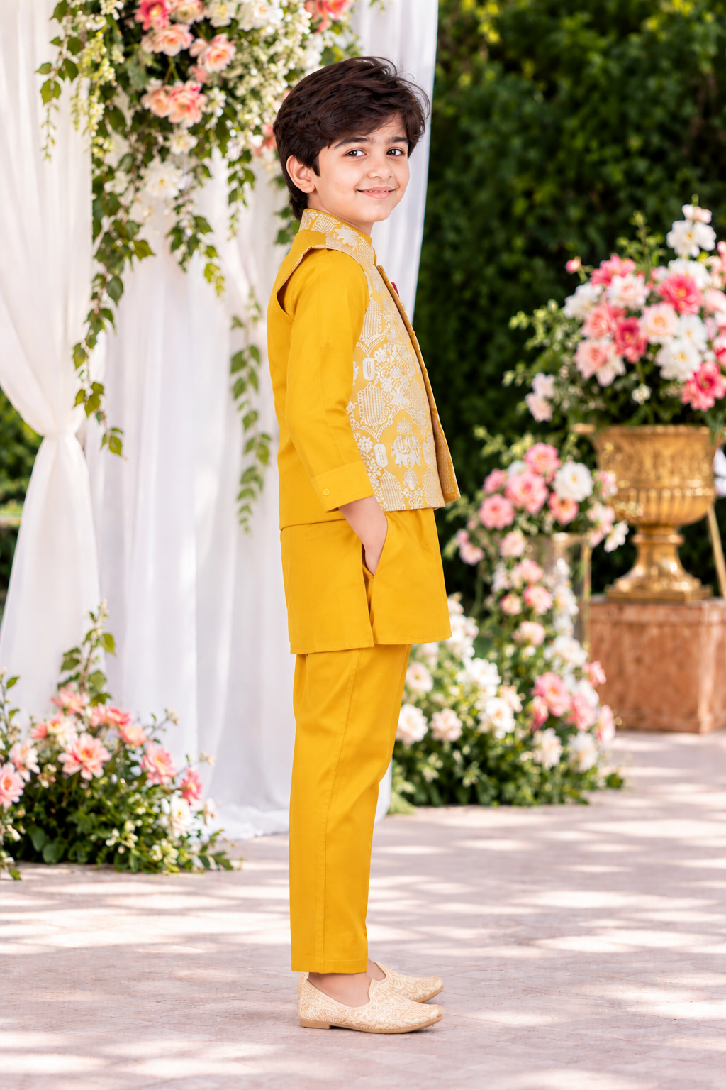 1008 Boys’ Premium Mustard Yellow Embroidered Kurta Koti Set with Designer Nehru Jacket & Matching Pajama 1008-425-LMN - Image 3