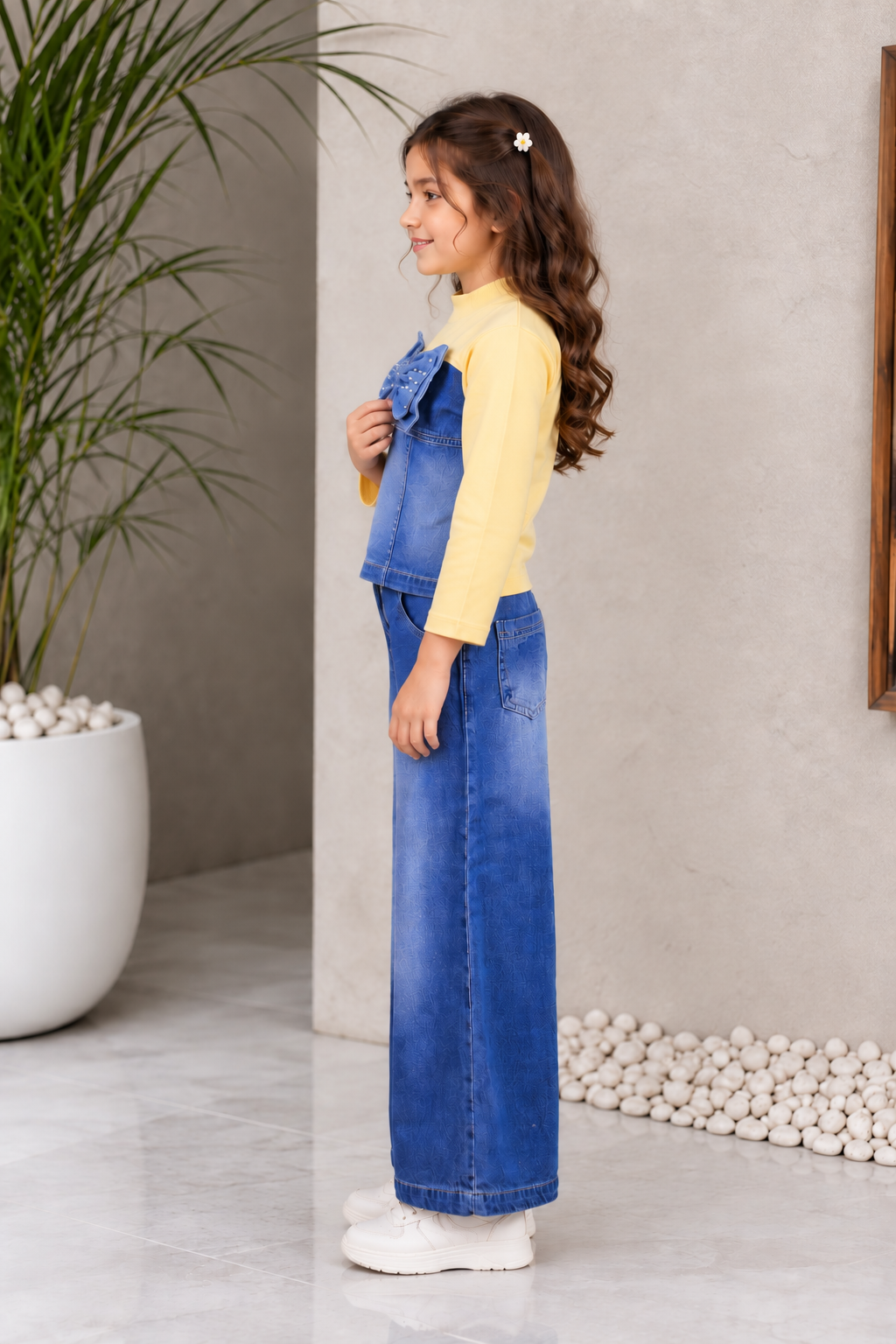 3513EM Girls’ Blue Denim Wide Leg Pant with Bow-Detail Top Set 3513EM-374-L BLU - Image 4