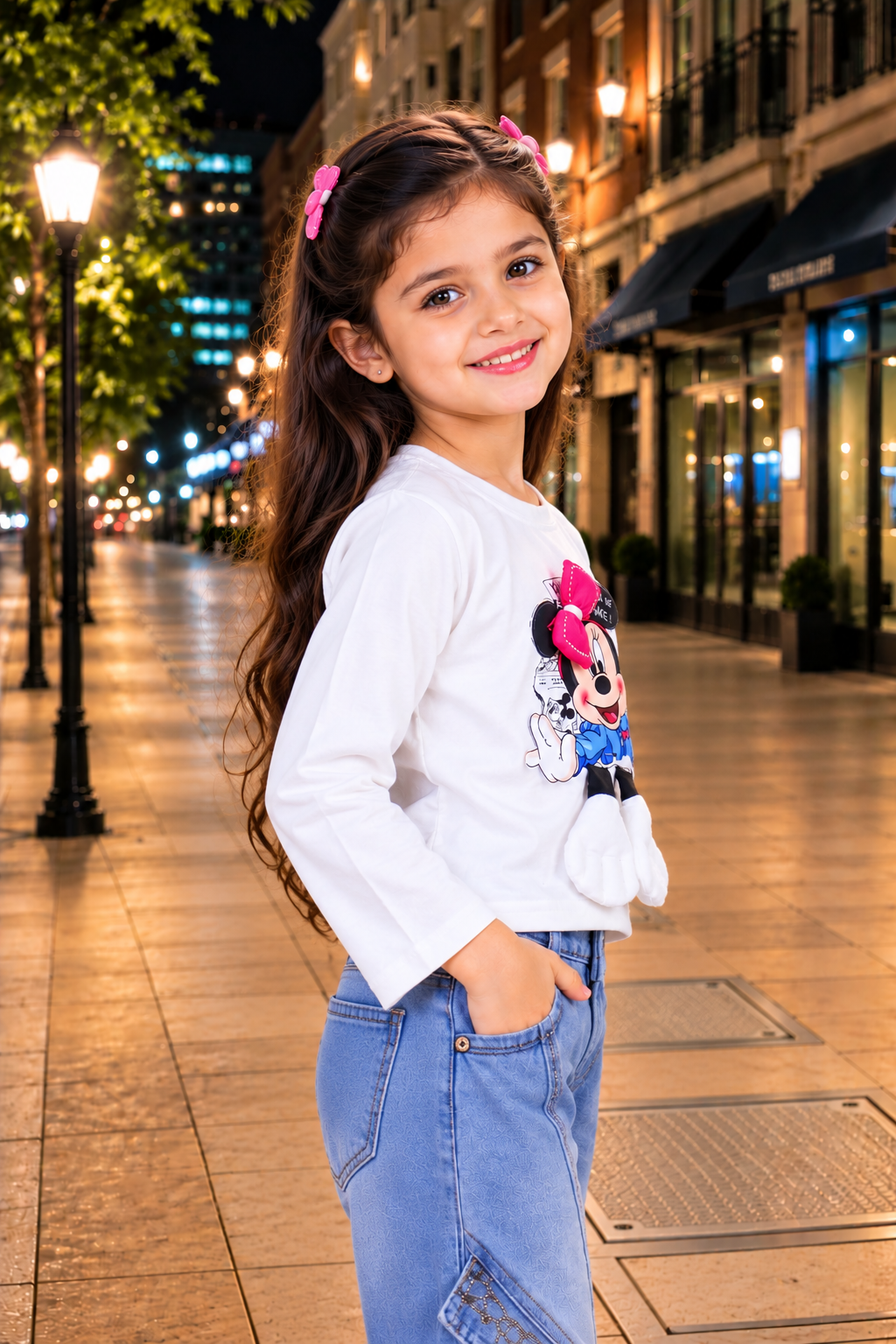T1122PR Girls’ Classic White Cute Cartoon Graphic Printed Imported Woollen Winter Top with 3D Pink Bow T1122PR-218-WHT - Image 2