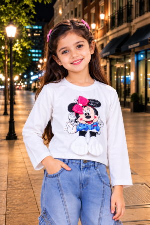 T1122PR Girls’ Classic White Cute Cartoon Graphic Printed Imported Woollen Winter Top with 3D Pink Bow T1122PR-218-WHT