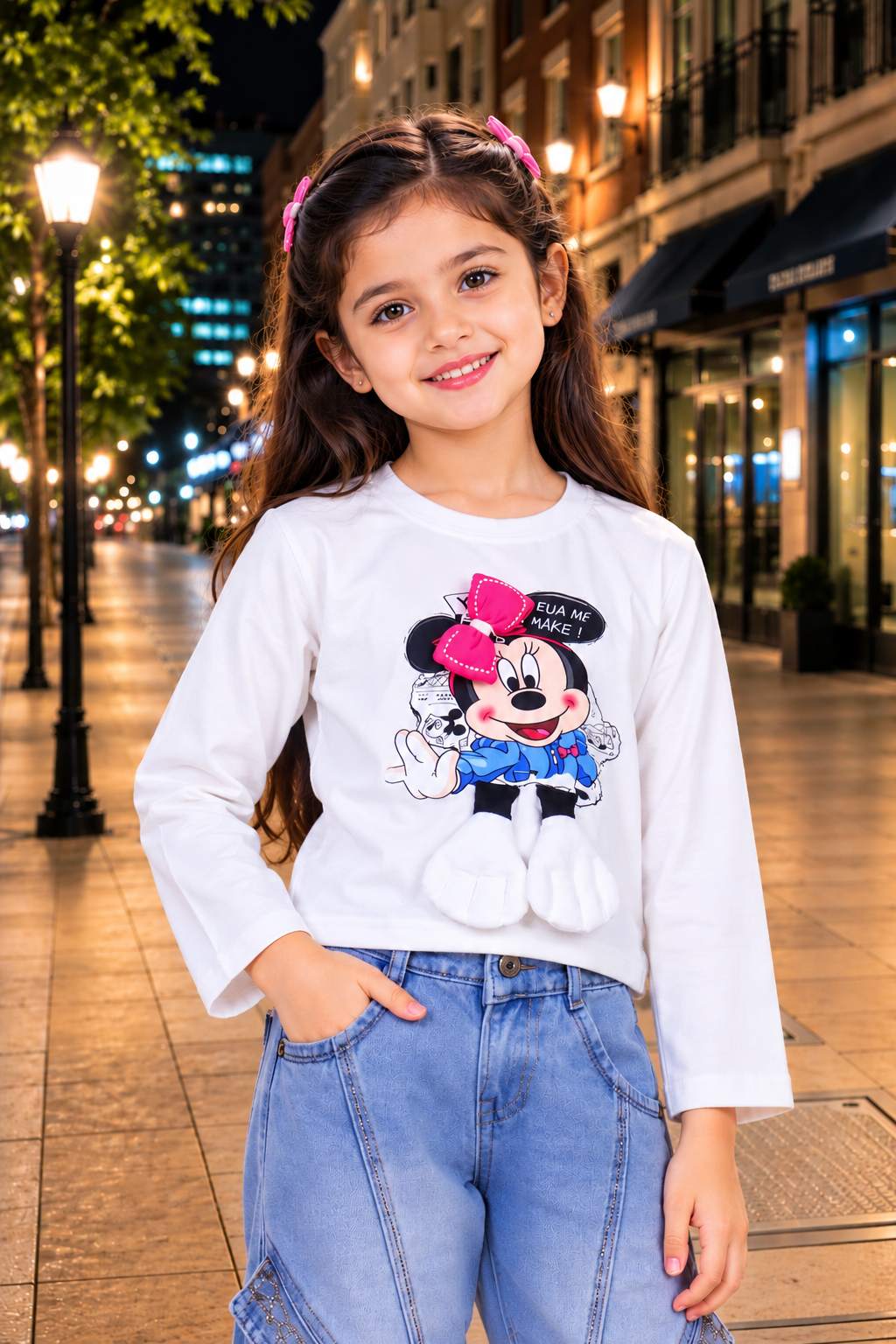 T1122PR Girls’ Classic White Cute Cartoon Graphic Printed Imported Woollen Winter Top with 3D Pink Bow T1122PR-218-WHT