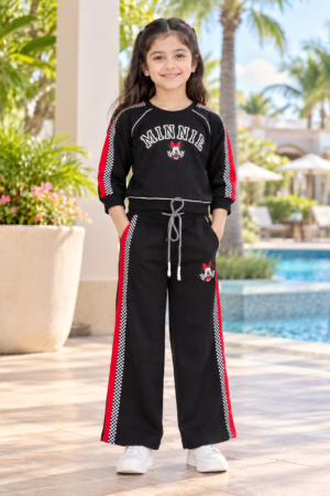 4489LT Girls’ Black Minnie Mouse Printed Tracksuit Set with Red Side Stripes 4489LT-414-BLK