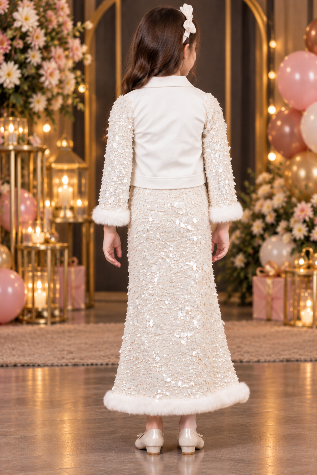 2610EM Girls’ Ivory White Sequin Embellished Skirt and Cropped Jacket Party Wear Set 2610EM-179-WHT - Image 4