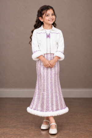 2614EM Girls’ Brown Leather-Look Jacket with Printed Long Skirt Party Wear Set 2614EM-179-LAV
