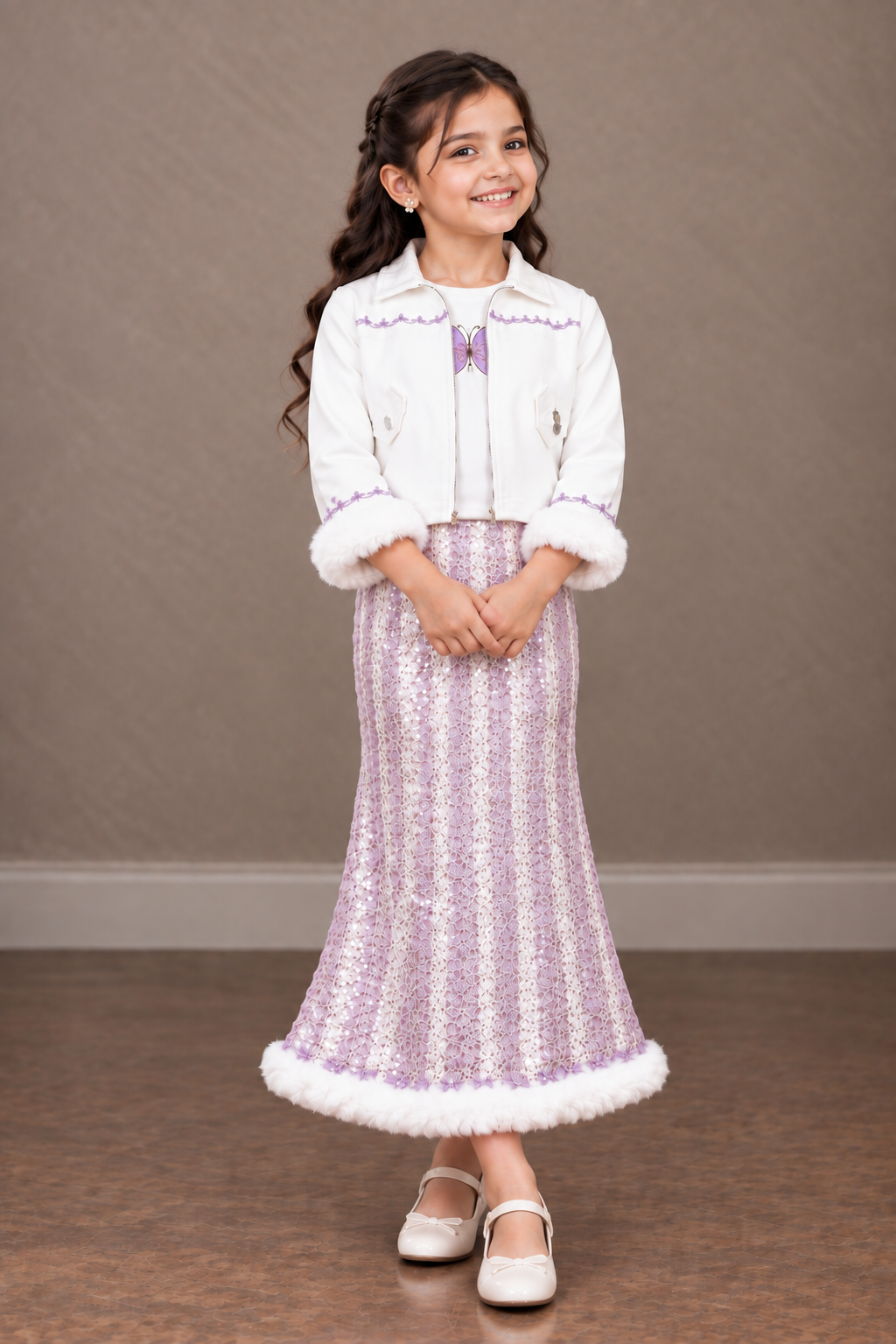 2614EM Girls’ Brown Leather-Look Jacket with Printed Long Skirt Party Wear Set 2614EM-179-LAV