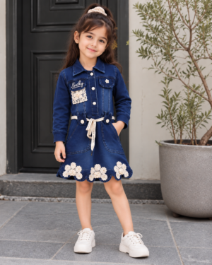 5039DNM Girls’ Dark Blue Denim Shirt Dress with Floral Lace Embellishments 5039DNM-433-L BLU