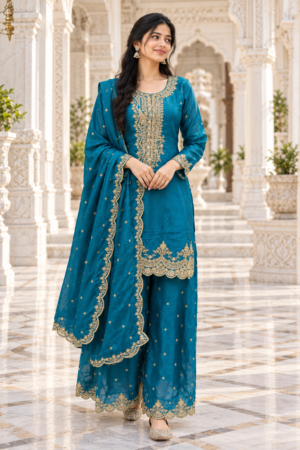9699EM Women’s Teal Blue Fandy Crush Embroidery Work Palazzo Suit Set 9699EM-458-FRZ