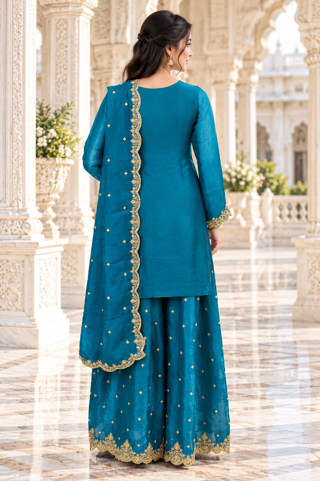9699EM Women’s Teal Blue Fandy Crush Embroidery Work Palazzo Suit Set 9699EM-458-FRZ - Image 3
