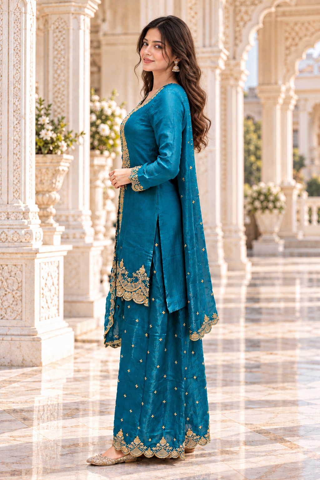 9699EM Women’s Teal Blue Fandy Crush Embroidery Work Palazzo Suit Set 9699EM-458-FRZ - Image 4