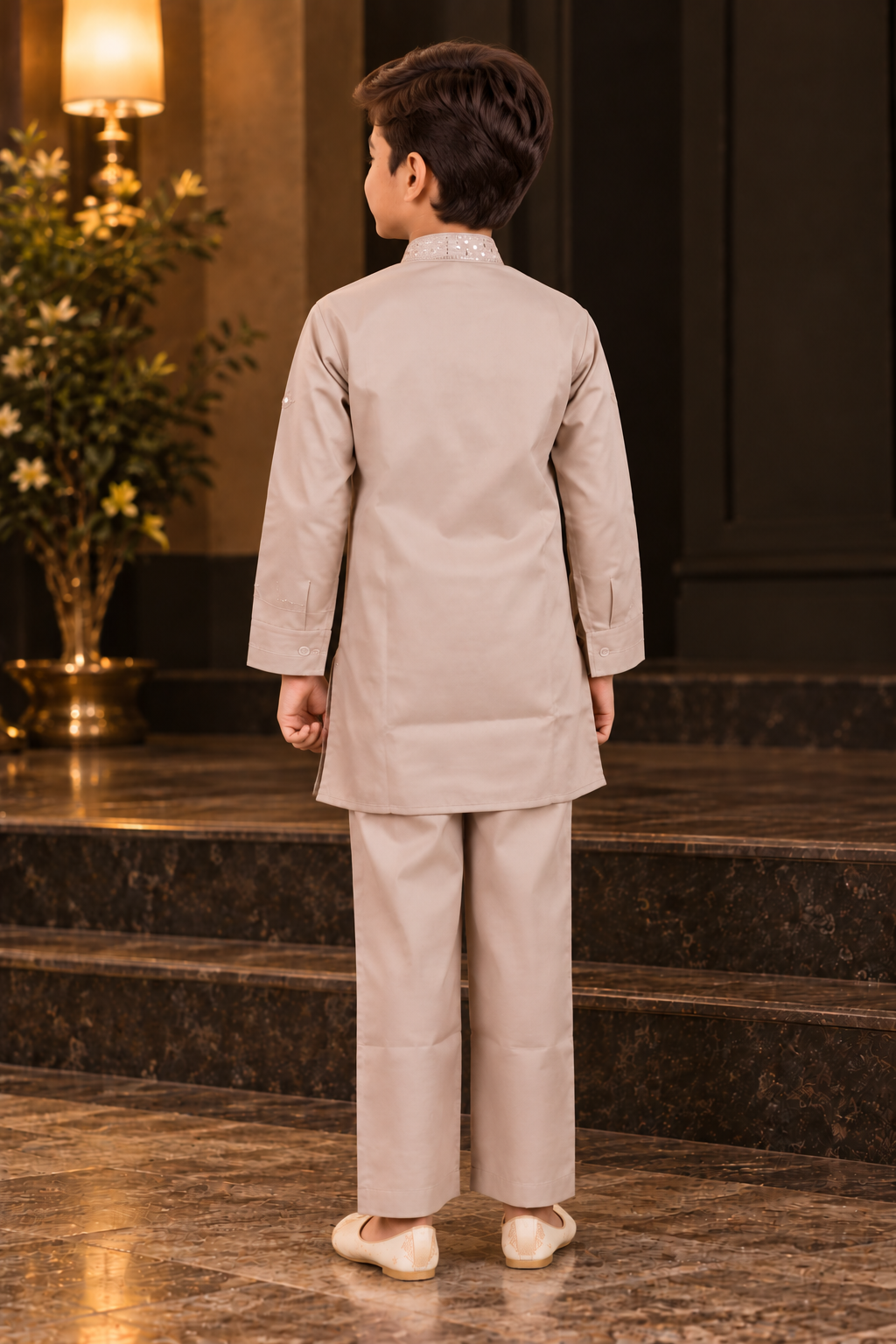 1939EM Boys’ Premium Beige Embroidered Kurta Pajama Set with Mirror Work Detailing – Imported Fabric 1939EM-468-KHKI - Image 4