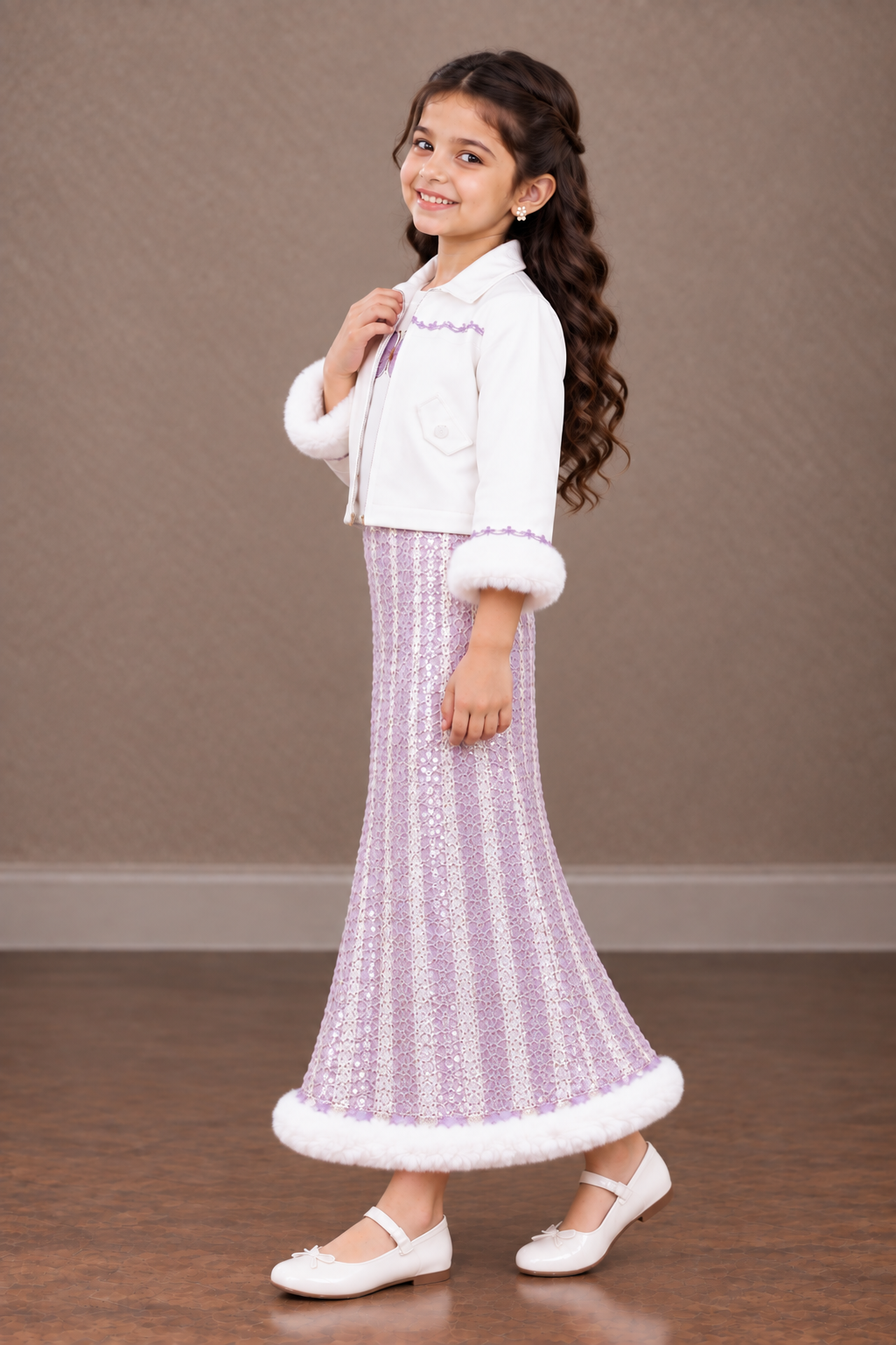 2614EM Girls’ Brown Leather-Look Jacket with Printed Long Skirt Party Wear Set 2614EM-179-LAV - Image 4
