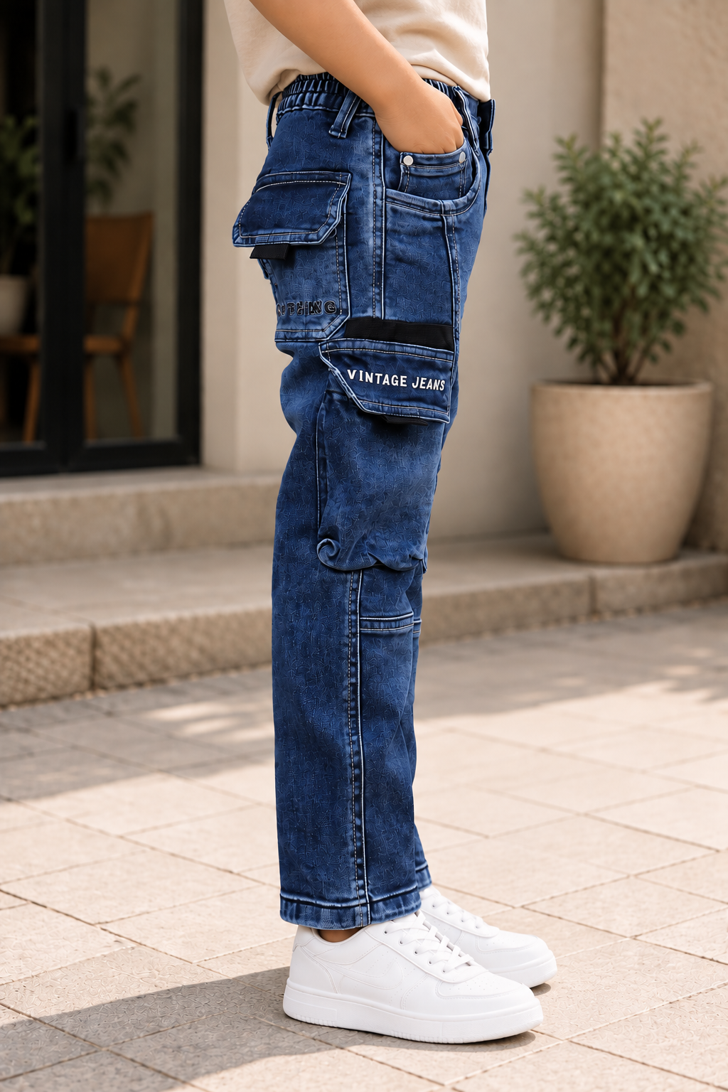 6113PL Boys’ Premium Blue Straight-Fit Cargo Denim Jeans with Multi-Pocket Utility Design 6113PL-294-D BLU - Image 2