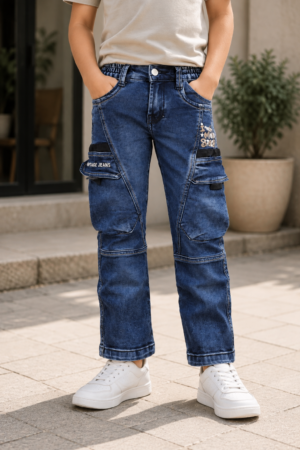 6113PL Boys’ Premium Blue Straight-Fit Cargo Denim Jeans with Multi-Pocket Utility Design 6113PL-294-D BLU