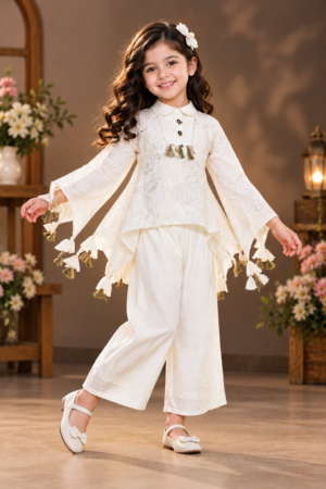 26112FL Girls’ Cream Floral Lace Kaftan Top and Wide-Leg Palazzo Set 26112FL-450-CRM