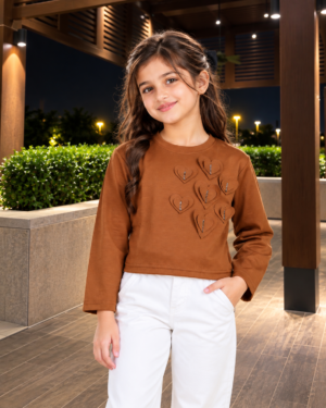 4625EM Girls’ Premium Caramel Brown Full-Sleeve 3D Heart Embellished Crop Top 4625EM-414-RST
