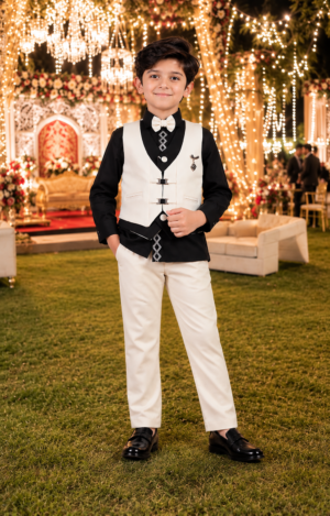 14433EM  Boys’ Premium Cream & Black Designer Club Suit with Stylish Waistcoat, Bow Tie & Matching Formal Trousers 14433EM-30-BLK