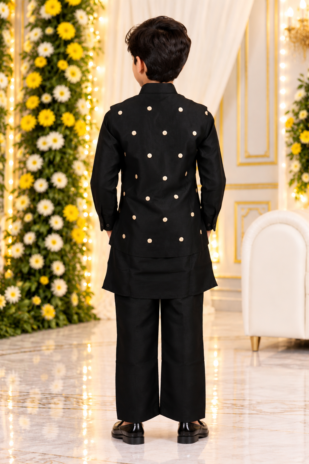1984EM Boys’ Premium Black & Gold Embroidered Kurta Koti Set with Royal Designer Ethnic Styling 1984EM-468-BLK - Image 4