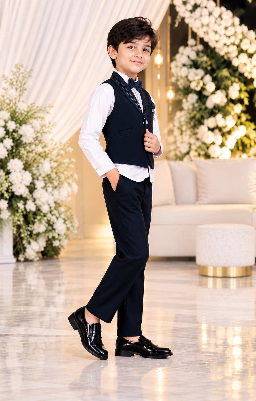 14433EM Boys’ Premium Navy Blue Designer Club Suit with Elegant Waistcoat, White Shirt, Bow Tie & Matching Formal Trousers 14433EM-30-FRZ - Image 2