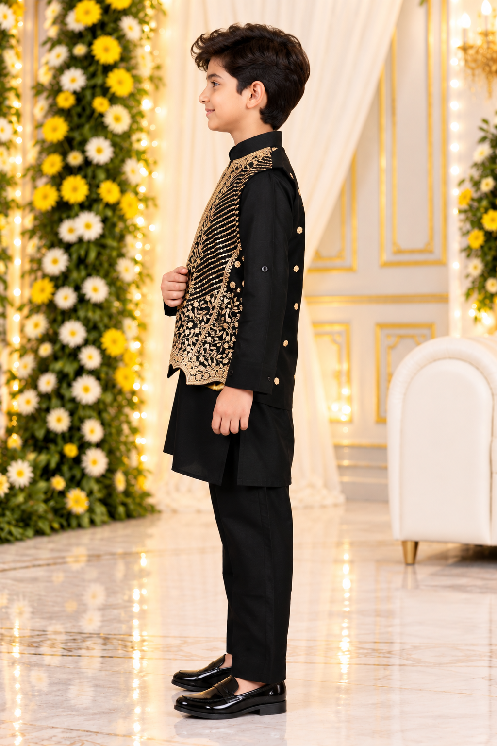 1984EM Boys’ Premium Black & Gold Embroidered Kurta Koti Set with Royal Designer Ethnic Styling 1984EM-468-BLK - Image 3