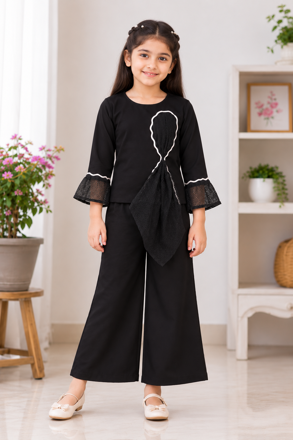 5291EM Girls’ Black Palazzo Set with Lace Bell Sleeves and Asymmetrical Ruffle Detail 5291EM-450-BLK