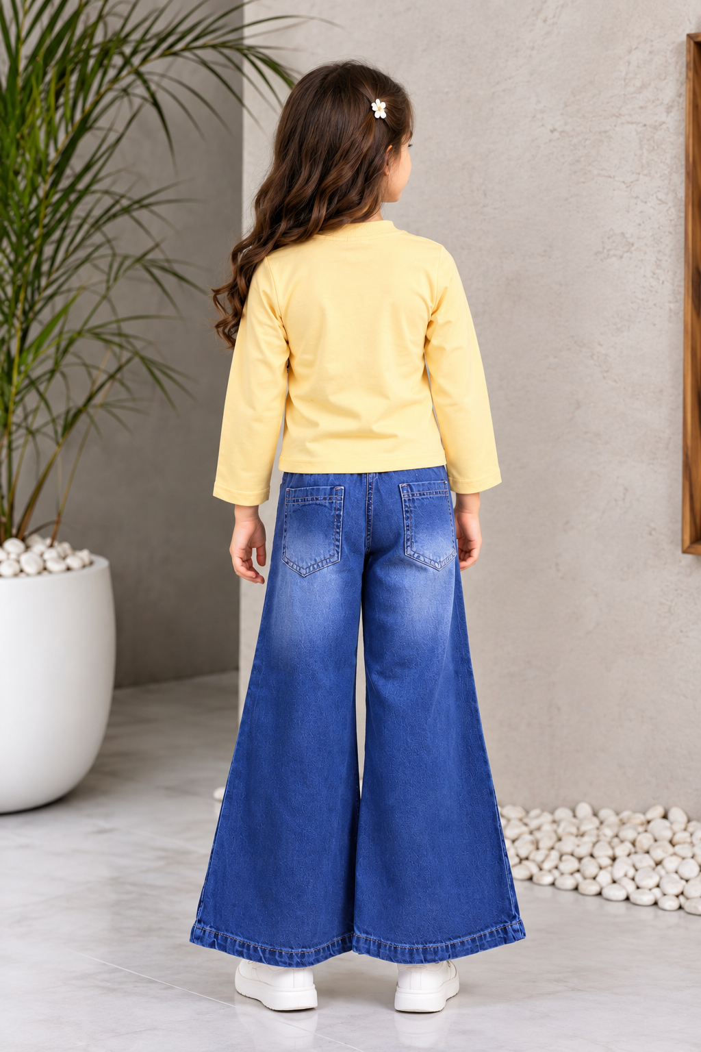 3513EM Girls’ Blue Denim Wide Leg Pant with Bow-Detail Top Set 3513EM-374-L BLU - Image 3