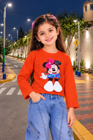 T1122PR Girls’ Bright Orange Cute Cartoon Graphic Printed Imported Woollen Winter Top with 3D Pink Bow T1122PR-218-ORG