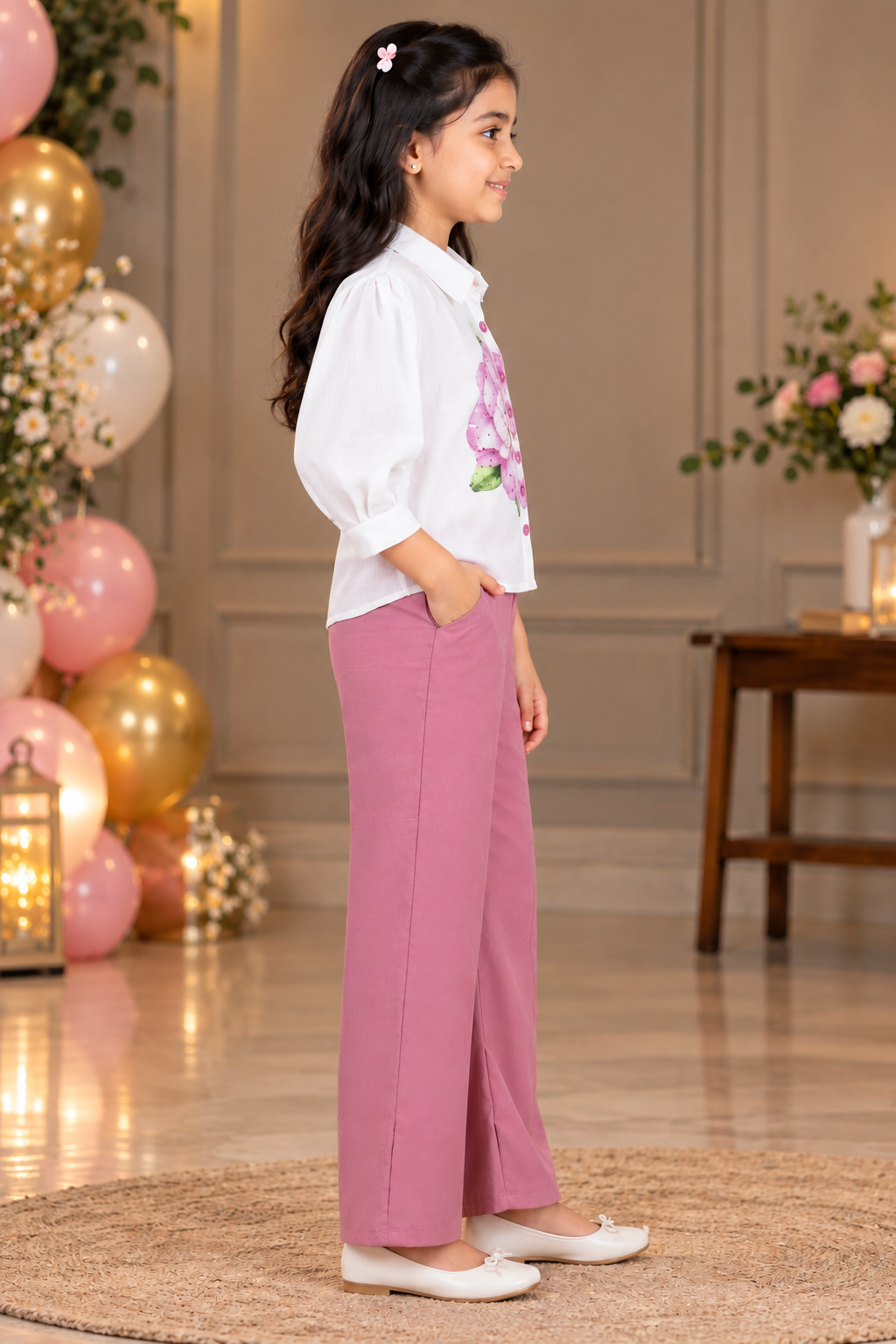 776EM Girls’ White Floral Shirt with Mauve Pink Wide-Leg Trousers Co-Ord Set 776EM-450-MVE - Image 4