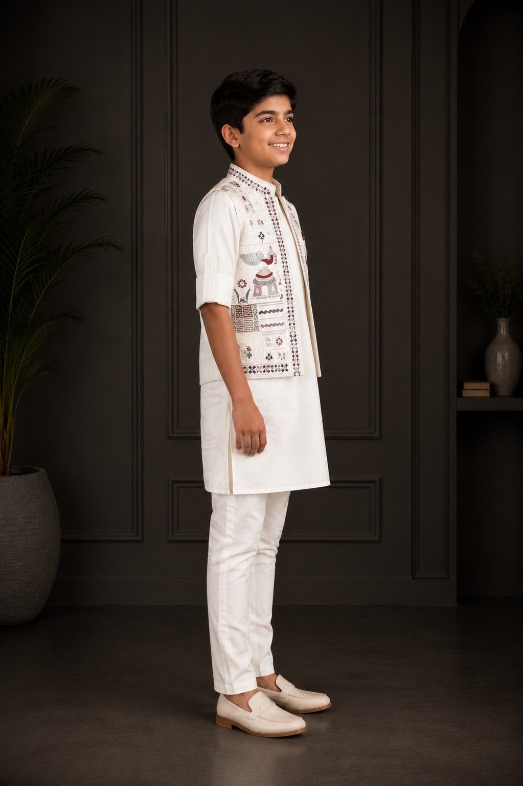 2677 Boys’ Ivory White Imported Fabric Designer Printed Kurta Koti Set with Matching Pants for Wedding and Festive Wear 2677-366-CRM - Image 2
